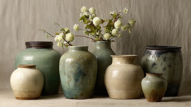 Rustic yet refined decorative vases in soft green patina and cream neutrals placed on a natural linen backdrop