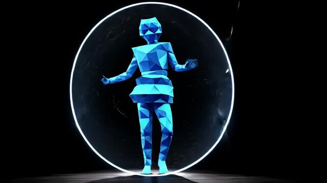 3D Model of Polygonal Figure with Geometric Design: Futuristic Blue Silhouette in Abstract Art and Digital Sculpture Featuring Luminous Sphere and Sci-Fi Theme in Virtual Reality Technology Concepts