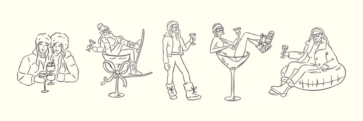 Naklejka premium Hand drawn winter skier and apres ski illustration set in whimsical doodle style. Includes skiers, snowboard, clothing, equipment, cocktails and holiday elements. Cute line art, vintage look, isolated