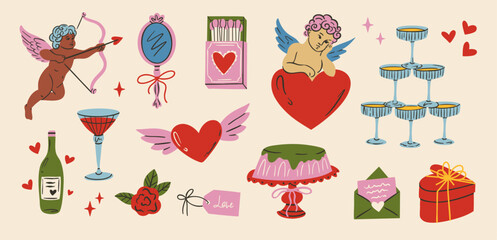 Fototapeta premium Romantic hand drawn pink, red illustration set for Valentine’s Day and weddings. Includes hearts, bows, rings, flowers, drinks, cake and love icons. Whimsical vintage style, cute feminine design