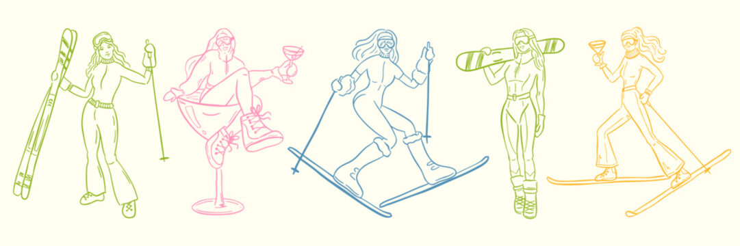 Hand drawn winter skier and apres ski illustration set in whimsical doodle style. Includes skiers, snowboard, clothing, equipment, cocktails and holiday elements. Cute line art, vintage look, isolated