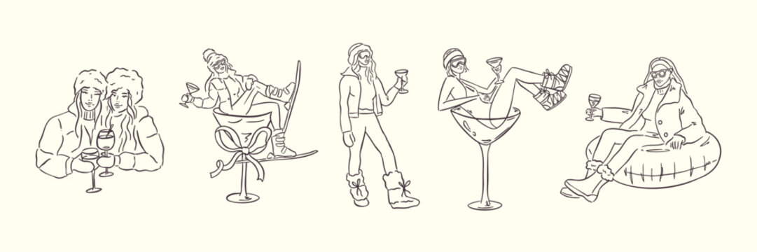 Hand drawn winter skier and apres ski illustration set in whimsical doodle style. Includes skiers, snowboard, clothing, equipment, cocktails and holiday elements. Cute line art, vintage look, isolated