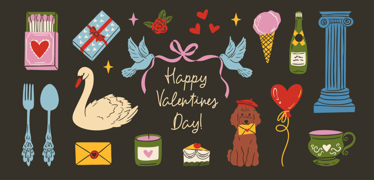  Cute coquette doodle illustration set for Valentine&rsquo;s Day, weddings and love events. Hand drawn hearts, bows, rings, flowers, drinks and desserts. Whimsical vintage style, trendy feminine design
