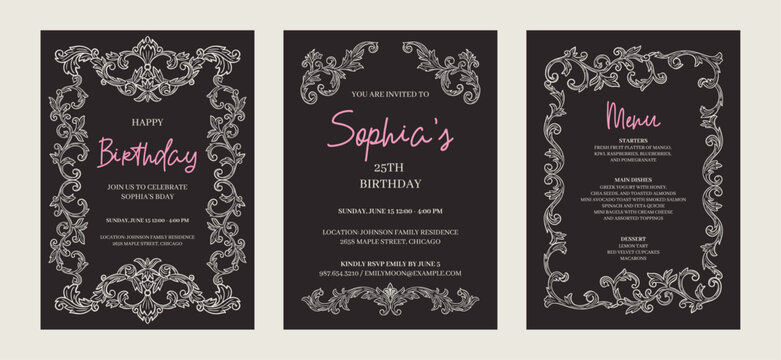 Elegant floral Baroque invitations in black tones. Hand-drawn minimalist line art vector design with elegant and royal ornaments . Perfect for invitations, wedding monogram, logos, and classic prints