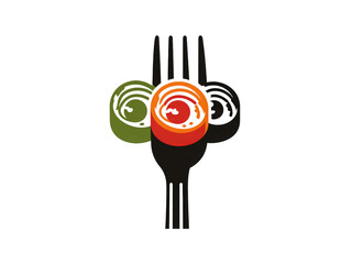 A fork with three different colored food items on it