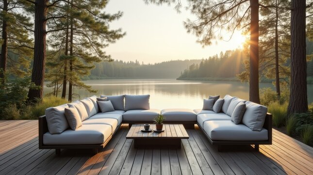 Modern outdoor sectional sofa set on deck by serene lake surrounded by tall trees in early morning light 
