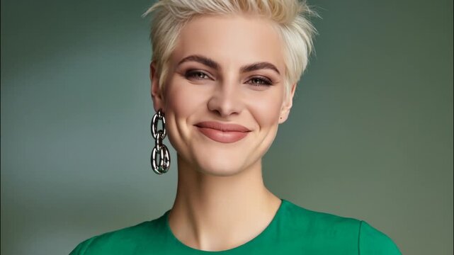 Beauty video of fashion professional model beautiful woman with short blonde hairstyle and natural makeup on green studio background.Slow motion.AI Generative.