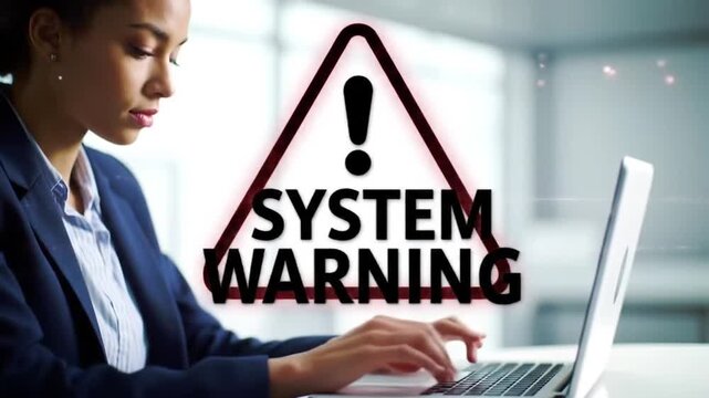 System Warning Alert and Urgent Cybersecurity Notification. Professional Typing on Laptop with Red Warning Sign. Digital Hazard and Technology Caution Interface.