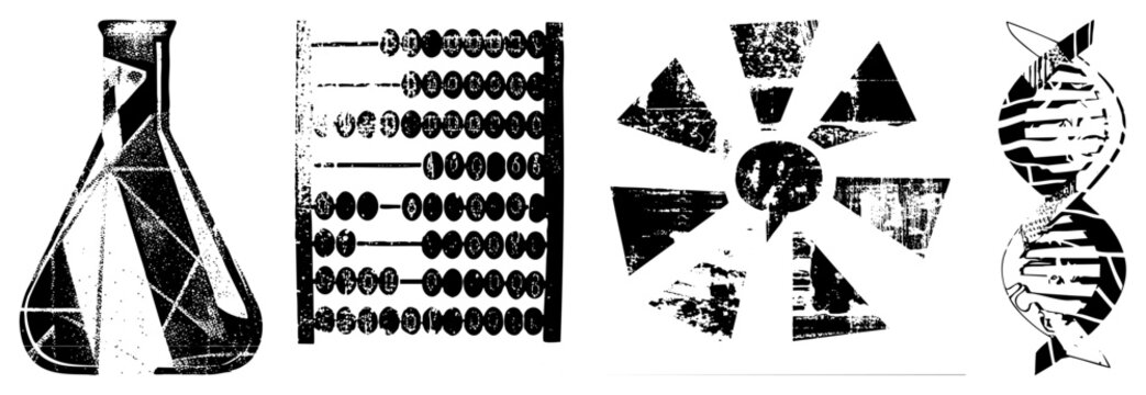 Black and white halftone vector of lab flask, abacus, radiation symbol, DNA helix educational science graphics, academic tools, STEM visual aids.