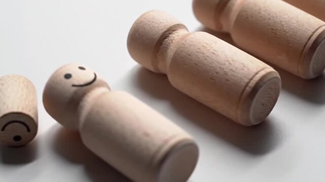 Minimalist Wooden Peg Dolls Video. Serene Video of Unique Smiling Doll. Artistic Video of Individuality and Uniformity.