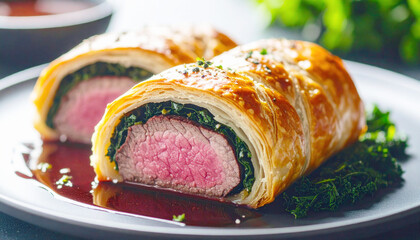 Beef Wellington with greens and sauce, gourmet style, closeup. AI