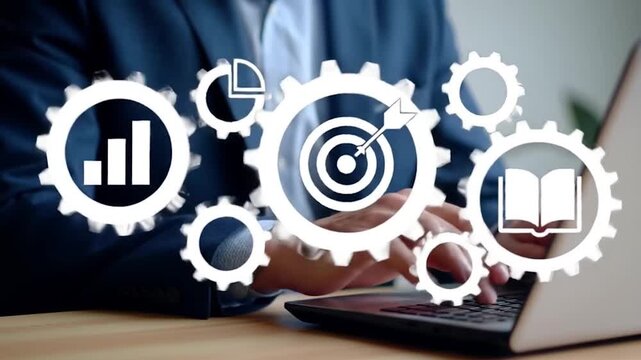 Business Efficiency and Gear Icons Video. Professional Working with Digital Metrics Video. Technology and Goal Achievement Video.