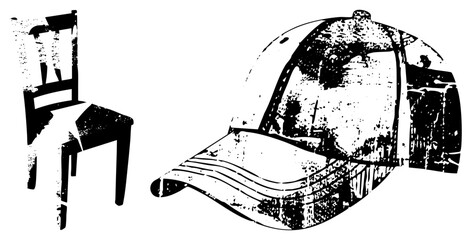 Obraz premium Distressed chair and cap graphic, urban streetwear accessories, gritty design, retro fashion items, stylized silhouette art.