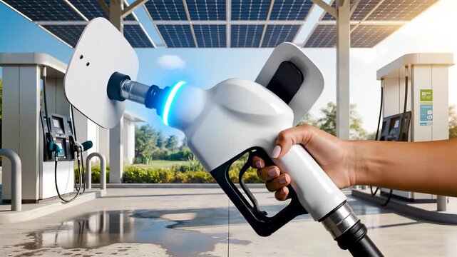 Close-Up Shot Of Greasy Gasoline Nozzle Transforming Into Sleek White Electric Vehicle Charging Plug With Blue LED At Solar Charging Hub