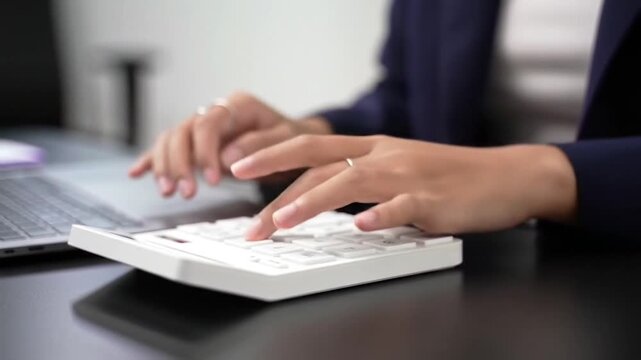 Office Work with Calculator and Laptop Computation Video. Professional Hands Calculating and Typing Video. Financial Calculation in Modern Office Setting Video.