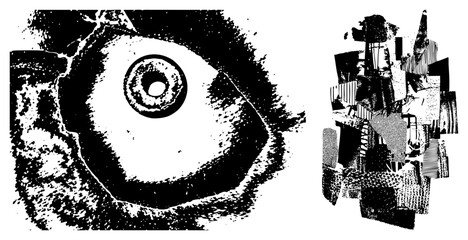 Obraz premium Stylized eye with textured halftone iris, abstract geometric collage, graphic art, black and white vector, bold shapes, artistic composition, isolated design elements.
