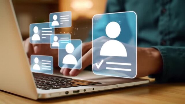 Professional Typing on Laptop with Floating Digital Profile Interfaces. Data Management and User Profile Icons on Computer Screen. Modern Business with Digital Checklist and Profile Management.