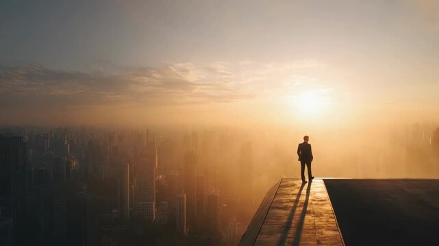 Businessman silhouette walking on rooftop ledge above foggy city skyline at sunrise golden light