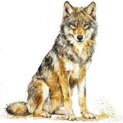 Fototapeta premium Drawing of a Wolf With Gold Dust Effects in a Simple Style Standing on a Plain Background Showing Features of the Animal Clearly