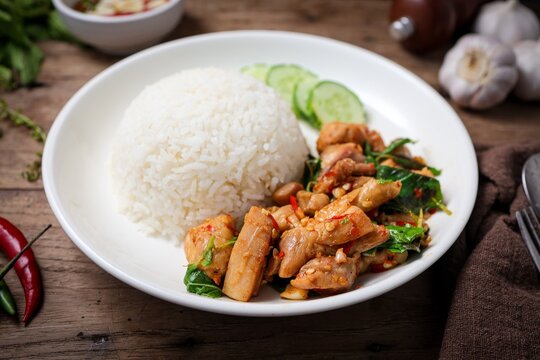 Thai Stir-Fried Basil Chicken (Pad Krapow Gai) served with Jasmine Rice