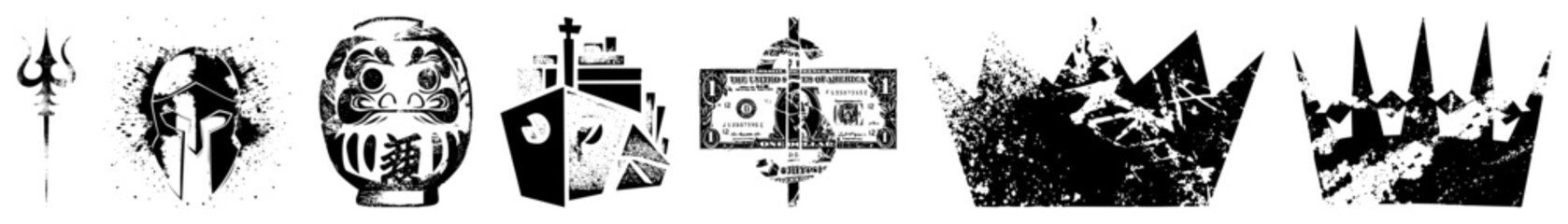 Obraz premium Trident, Spartan helmet, Daruma doll, abstract church, dollar bill, distressed crown, origami crown symbolic vector with gritty texture and stark contrast.