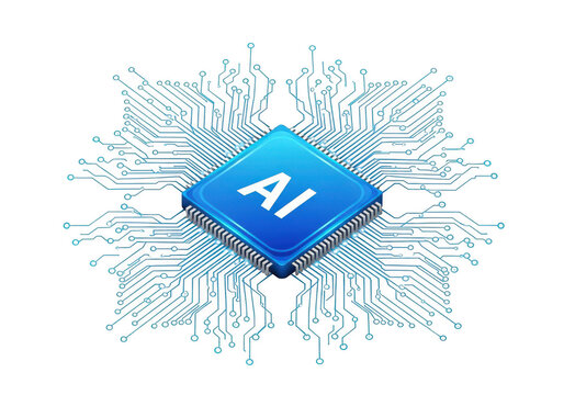 Artificial intelligence microchip with circuit board isolated on transparent background