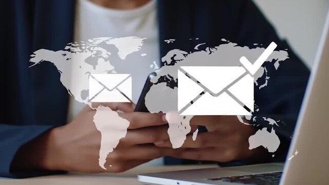 Global Communication with Email Icons Overlaid on World Map Graphic. Professional Using Smartphone for Worldwide Connectivity and Messaging. Digital Networking with International Email 