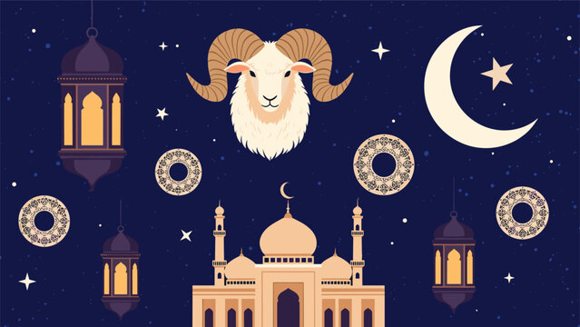 Islamic holiday Eid al-Adha theme with a ram head, mosque silhouette, lanterns, and crescent moon in a starry night sky with patterns.