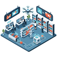 Futuristic Warehouse with Robots and Drones.