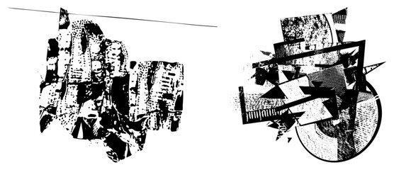 Fototapeta premium Black and white graphic art with shattered geometric shapes, halftone textures, and dynamic composition, ideal for modern design or use.