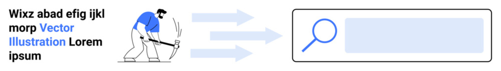 Data search, analytics, online research, information gathering, data processing, internet-based work. Worker using a pickaxe with arrows leading to a magnifying glass. Data search and analytics