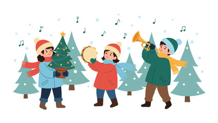 Fototapeta premium Group of happy children in winter clothes singing carols with instruments in a snowy pine forest during Christmas celebration.
