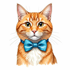 Cute ginger cat wearing blue bow tie portrait, watercolor animal illustration