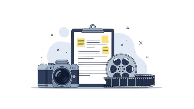 Professional filmmaking equipment set including a DSLR camera, a film reel, and a production clipboard for cinema movie project.
