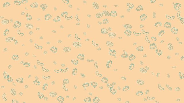 Food doodle with outlined donuts, hotdogs, sausages, and cake slices, scattered for a fun handdrawn design. Perfect for food blogs and menus.