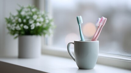 Toothbrush drying in holder near window, natural light, calm morning routine, minimalist lifestyle photography