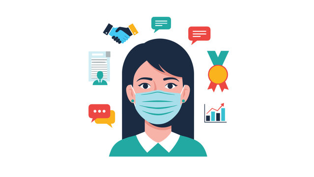 Woman wearing a blue surgical face mask surrounded by icons representing health, communication, and business achievements.