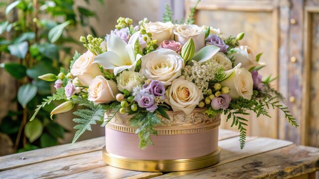Elegant pastel floral arrangement in a decorative hat box