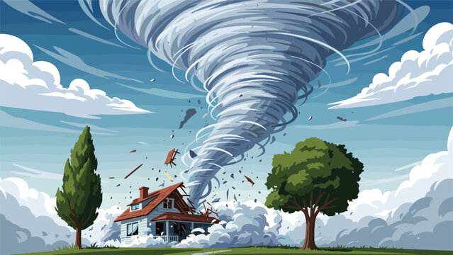 Powerful tornado or twister storm destroying a residential house in a rural landscape with trees and stormy clouds.