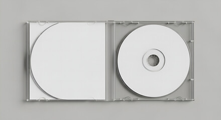 blank dvd case, Open clear plastic CD jewel case with blank white disc and insert for branding. Mock-up of compact disc packaging on soft gray background. Represents digital storage, music or software