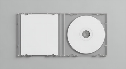 blank dvd case, Open clear plastic CD jewel case with blank white disc and insert for branding. Mock-up of compact disc packaging on soft gray background. Represents digital storage, music or software