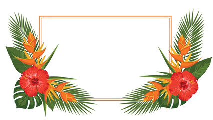 Naklejka premium Beautiful tropical floral frame featuring vibrant red hibiscus flowers and orange bird of paradise plants with various green palm leaves.