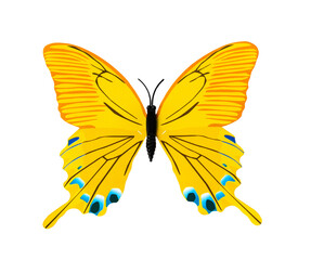 yellow decorative butterfly with open wings. Isolate on a transparent background. PNG format. artificial insect ornament used for design, decoration and creative concepts,