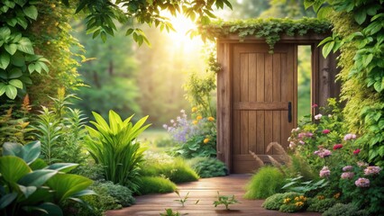 Wooden Gate Entrance to a Lush, Sunlit Garden Oasis with Vibrant Blooming Flowers and Greenery