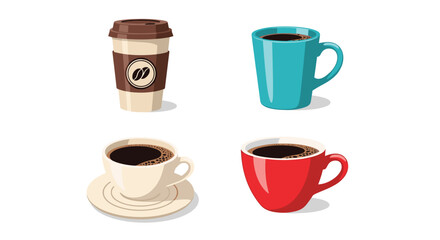 Obraz premium Coffee cup collection vector illustration, takeaway and ceramic mug set, hot beverage drink icons isolated modern cafe design