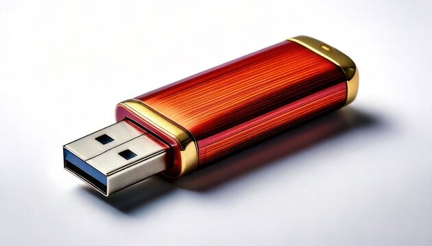 Elegant orange and gold USB flash drive on white surface.