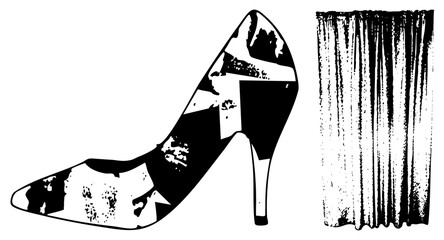 Fototapeta premium Stylish stiletto shoe featuring British flag motif, paired with textured curtain backdrop, fashion illustration, bold graphic design.