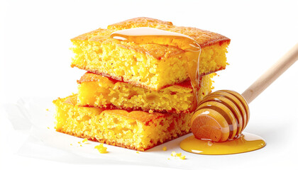 Cornbread with honey, white background, closeup. AI