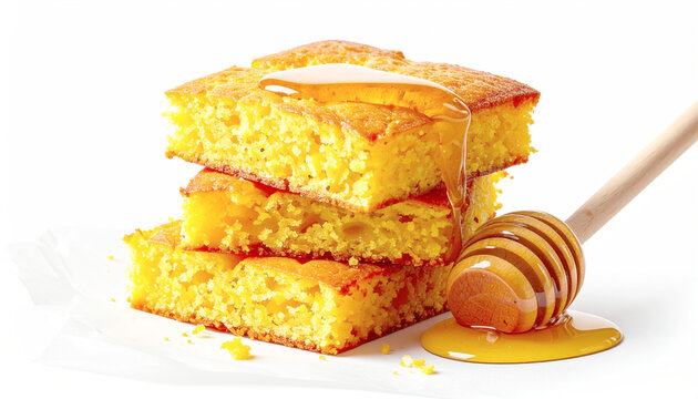 Cornbread with honey, white background, closeup. AI