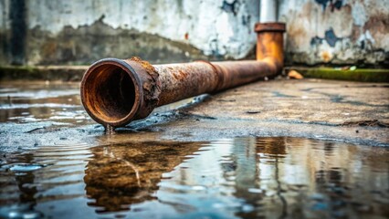 Rusty pipe leaking water onto a wet ground near a weathered wall